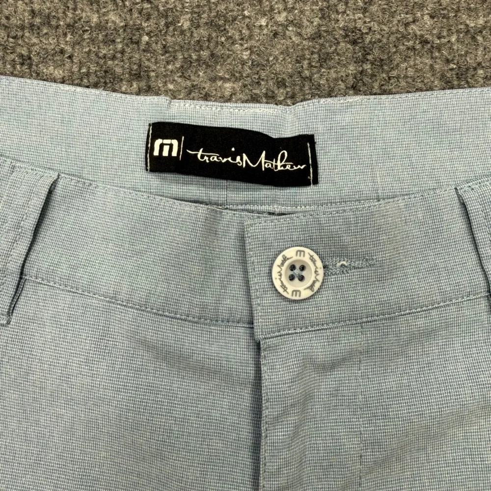 TravisMathew Beck Mens 35 Golf Shorts Light Blue Micro Check Performance Stretch